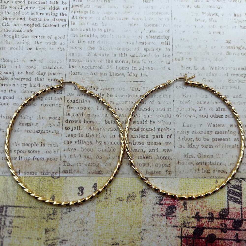 Huge 14K Yellow Gold Over Bronze Elegant Pierced Twist Hoop Earrings